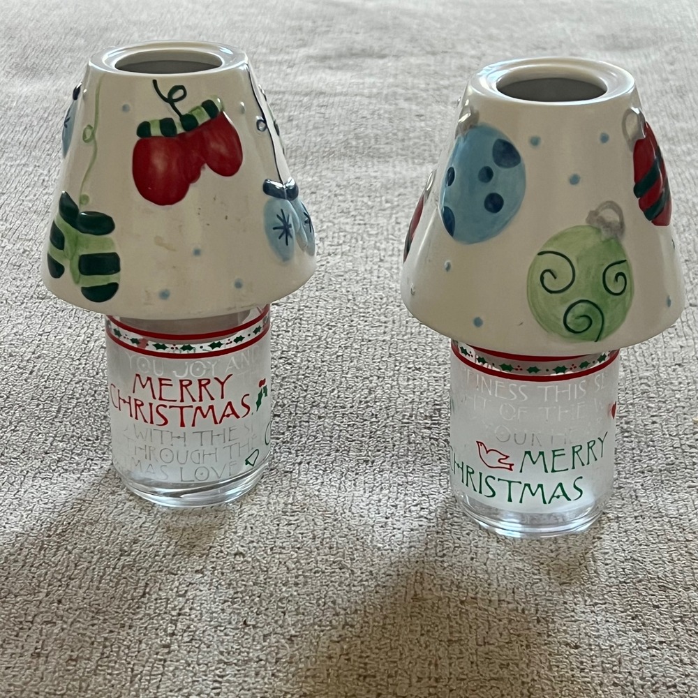 Candle Capper Christmas Ceramic Shade and Glass Votive Holder Set of 2 Holiday